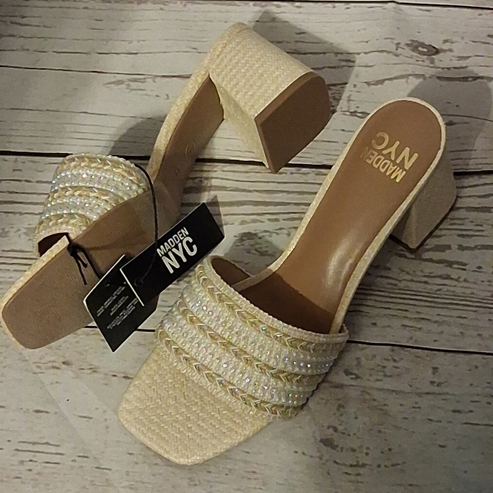 Madden NYC Heeled Slide Raffia With Faux Pearls And Rhinestones Size 11